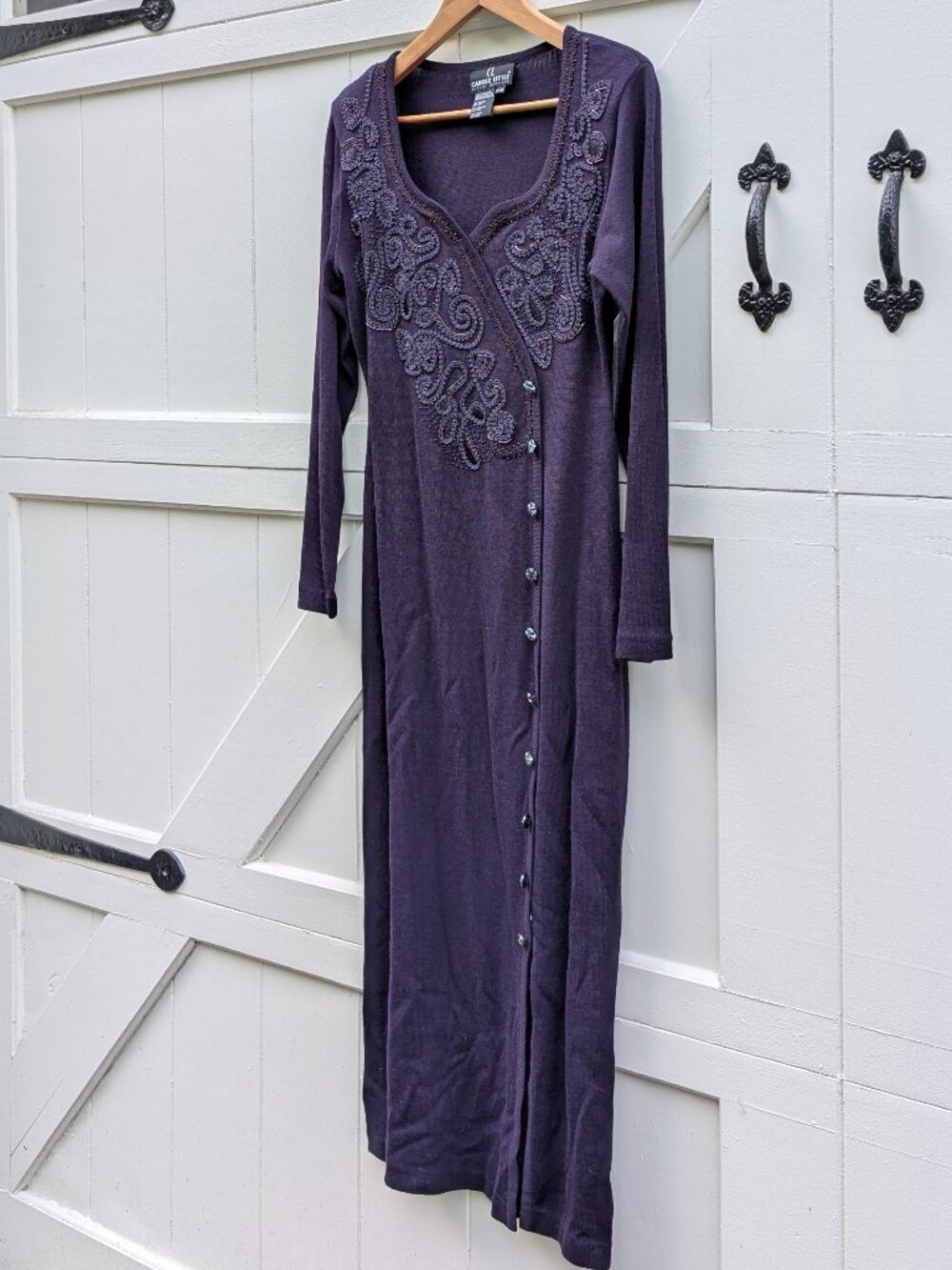 Vintage Carole Little Plum Purple Wool Knit Beaded Soutache Sweater Dress P/M